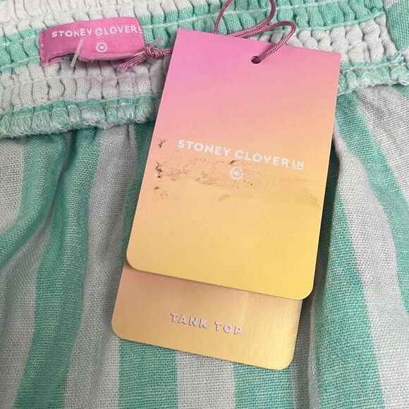 Stoney Clover XL Green White Stripe Tie Straps Linen Blend Babydoll Crop Top NEW - Picture 7 of 8